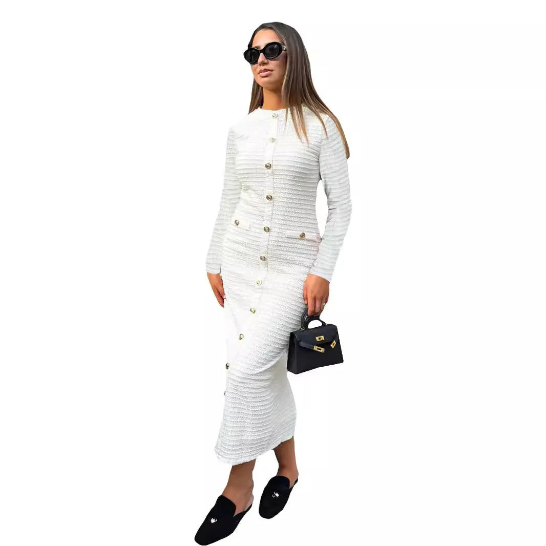 French retro slim fit knitted long sleeve dress in black with button detail and one-step skirt