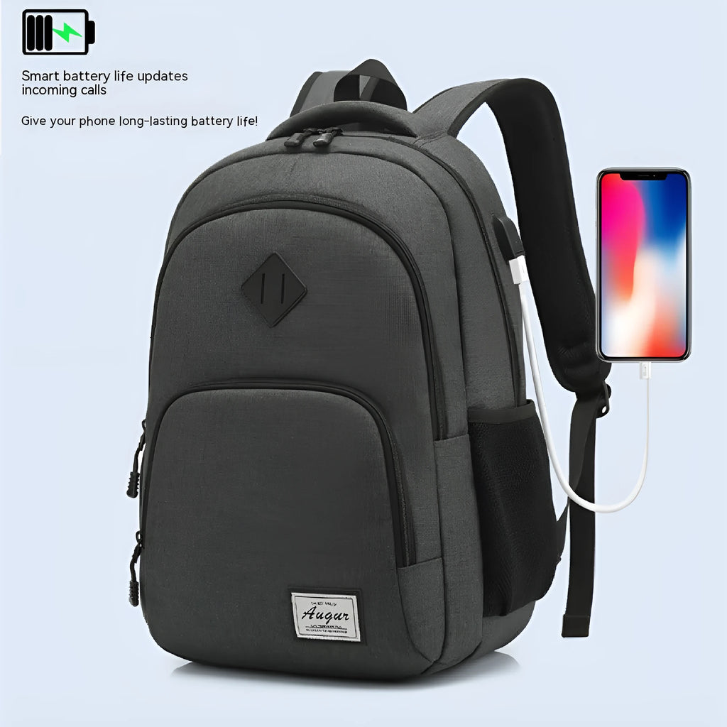 Grey nylon USB charging backpack with trolley sleeve showing dimensions and charging port