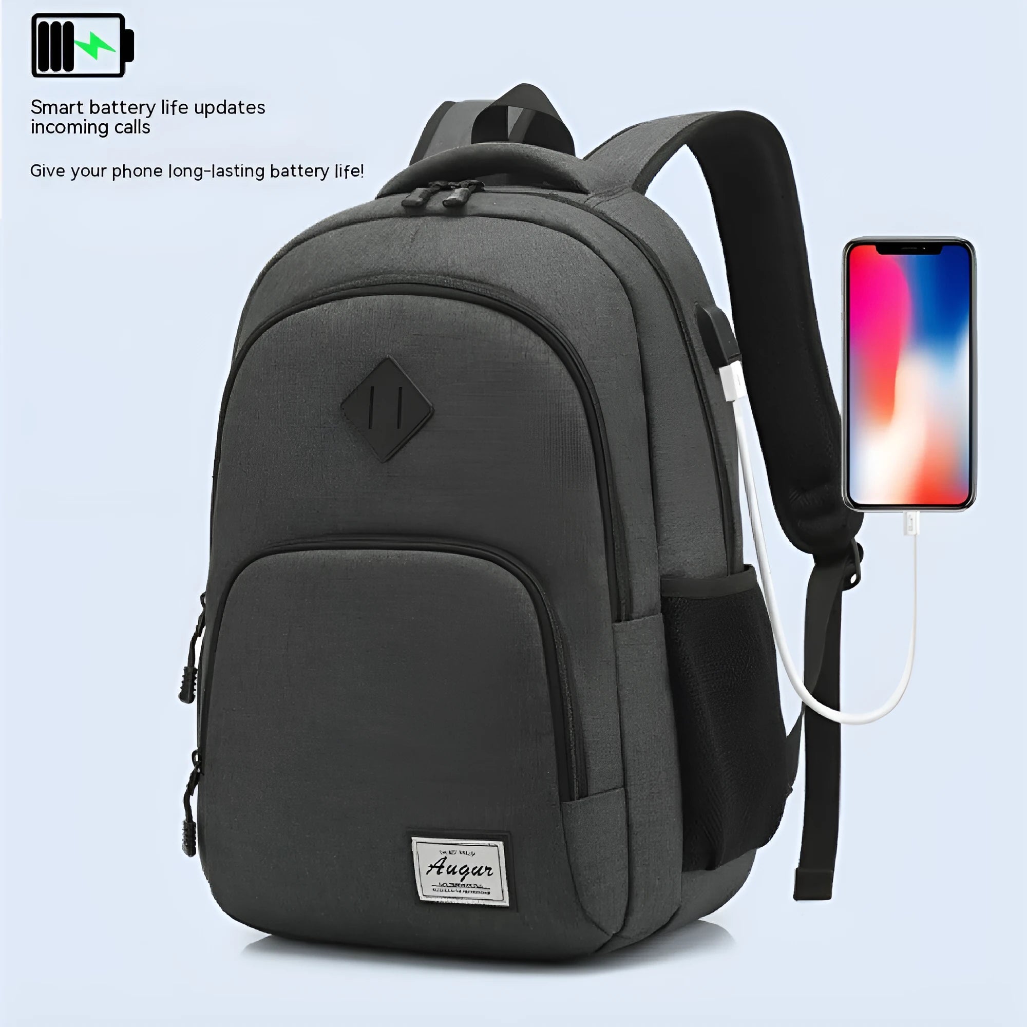 Grey nylon USB charging backpack with trolley sleeve showing dimensions and charging port