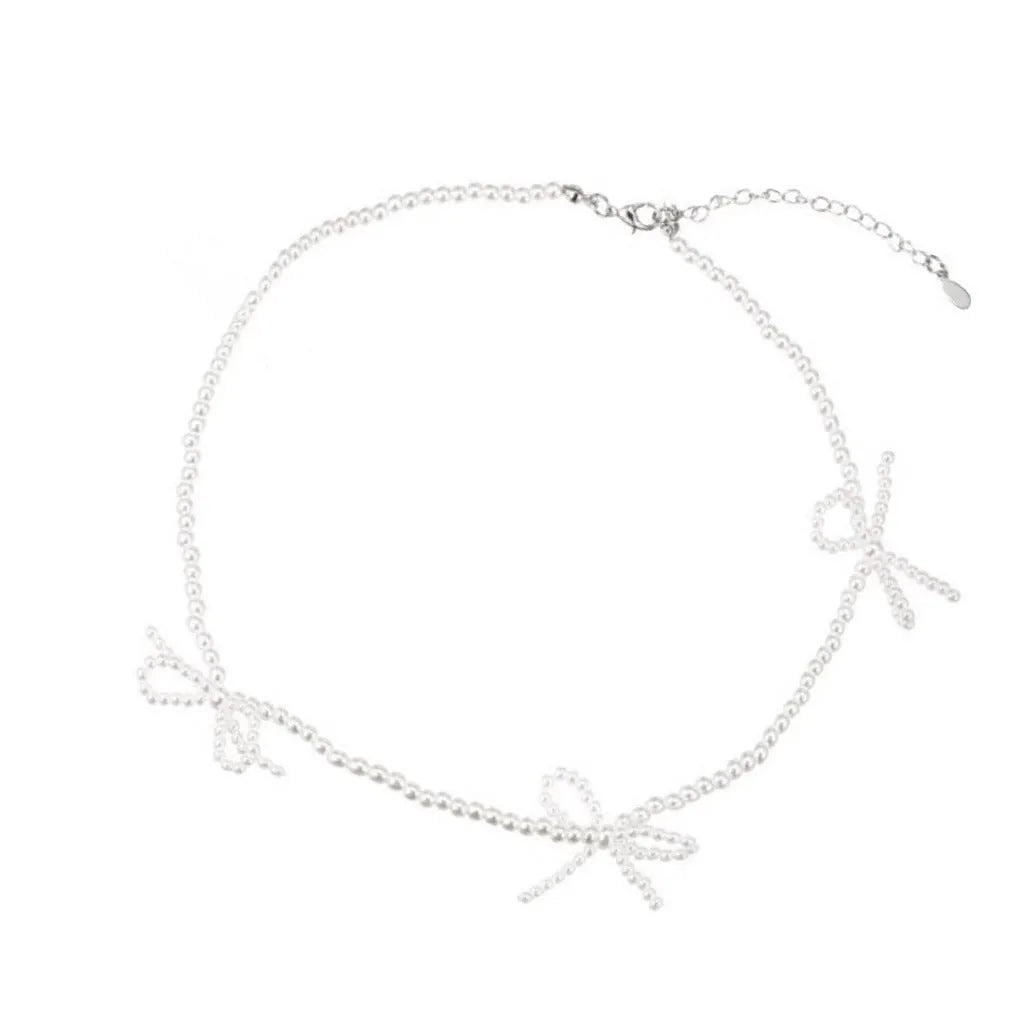 White bow design imitation pearl necklace for women with adjustable 31-40cm chain