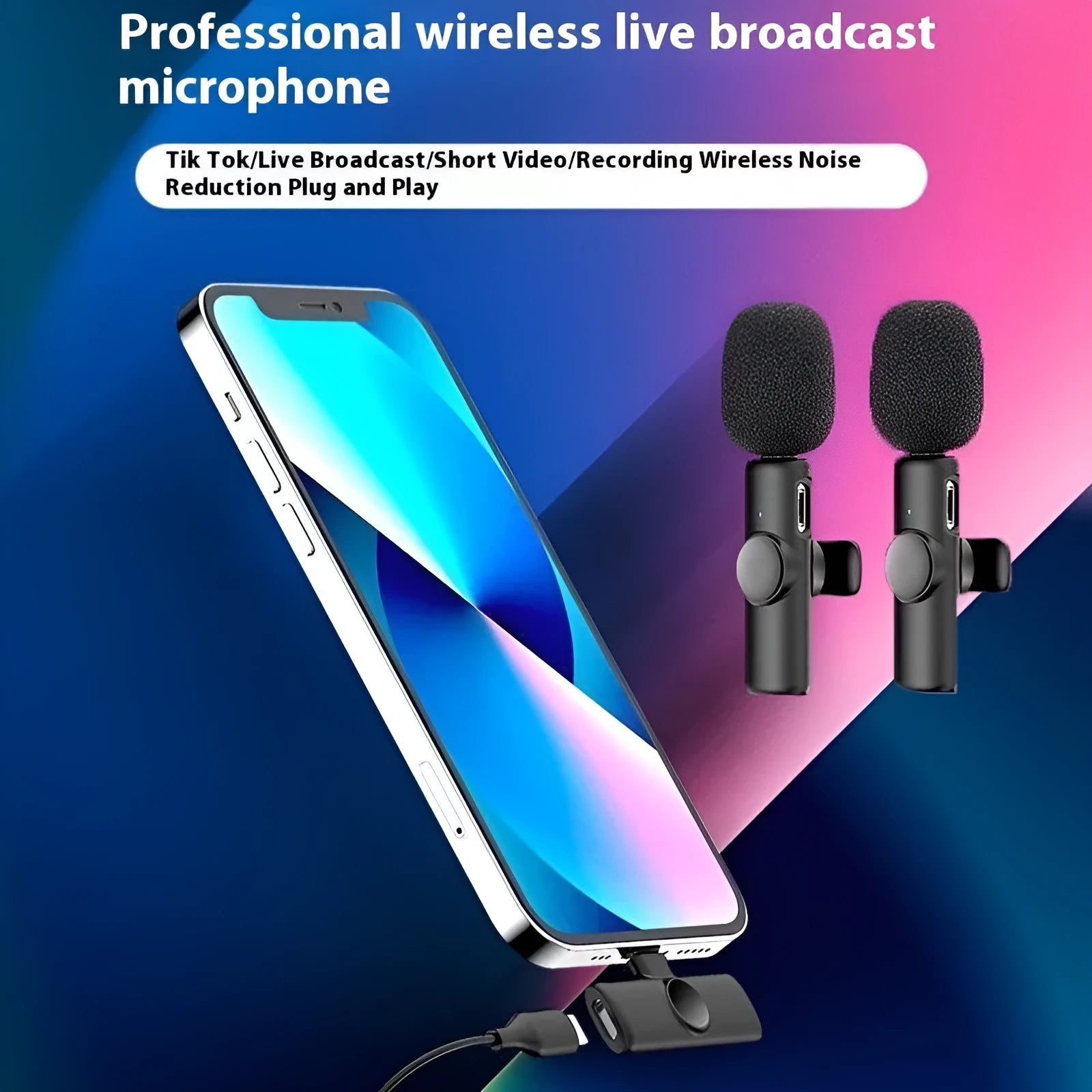Wireless lapel microphone with clothing clip for smartphone video recording.
