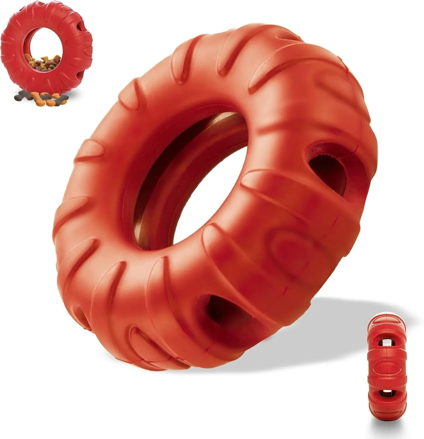 Blue rubber tyre-shaped dog chew toy with six oval openings for treat dispensing