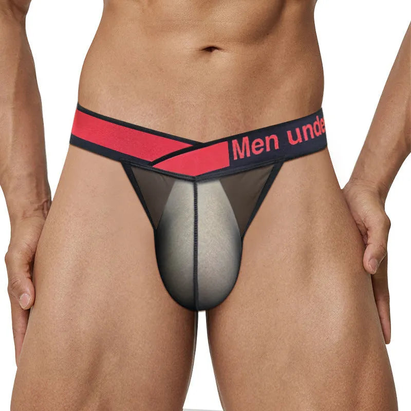 Men's transparent ice silk briefs in red, black, or white with a large V gradient front.