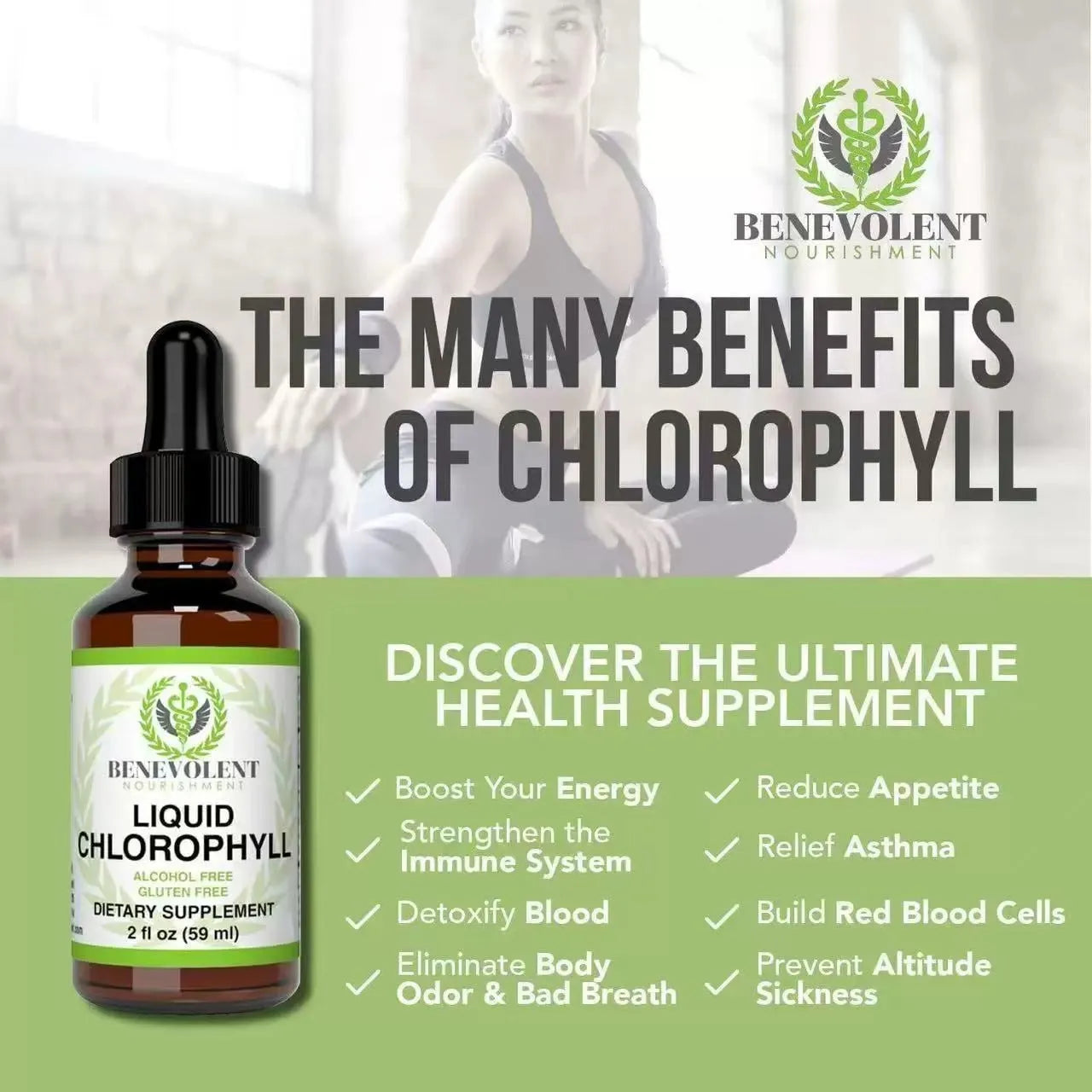60ml bottle of natural liquid chlorophyll drops for adult intestinal care dietary supplement
