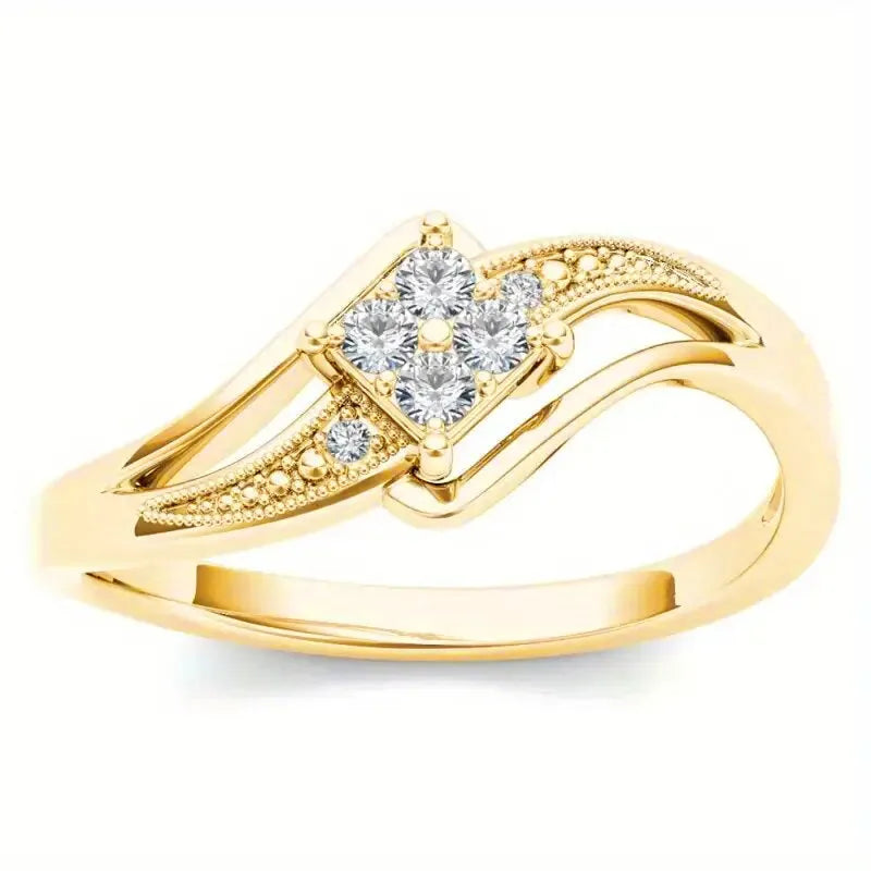 Diamond-shaped yellow gold tone copper ring with micro-inlaid zircon stones on finger