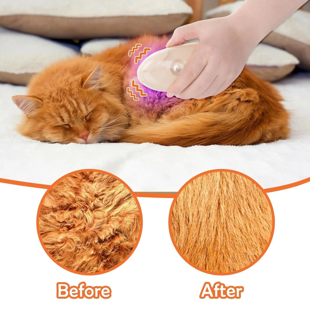 Yellow 4-in-1 cat steam brush with vibration massage and ringworm detector for pet grooming
