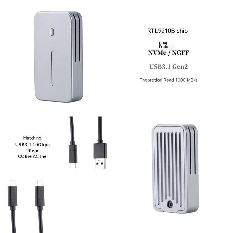Aluminium alloy NVMe SSD enclosure with dual protocol support measuring 5.2cm by 2.8cm