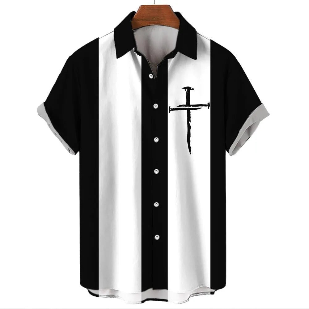 Men's striped Hawaiian short sleeve shirt with button front and elastic band construction