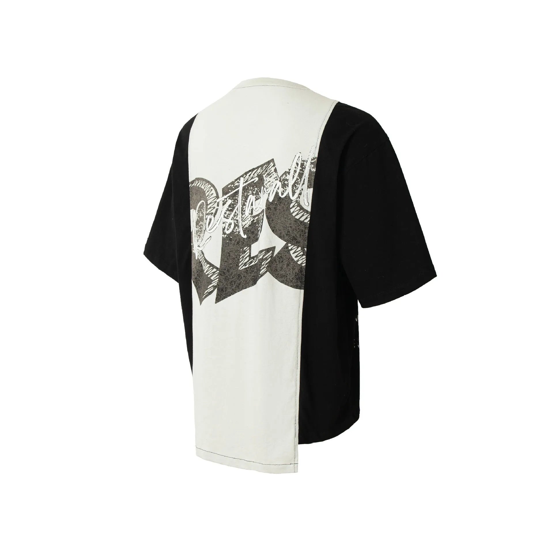 Men's black and white deconstruction printed cotton blend t-shirt with loose fit short sleeves