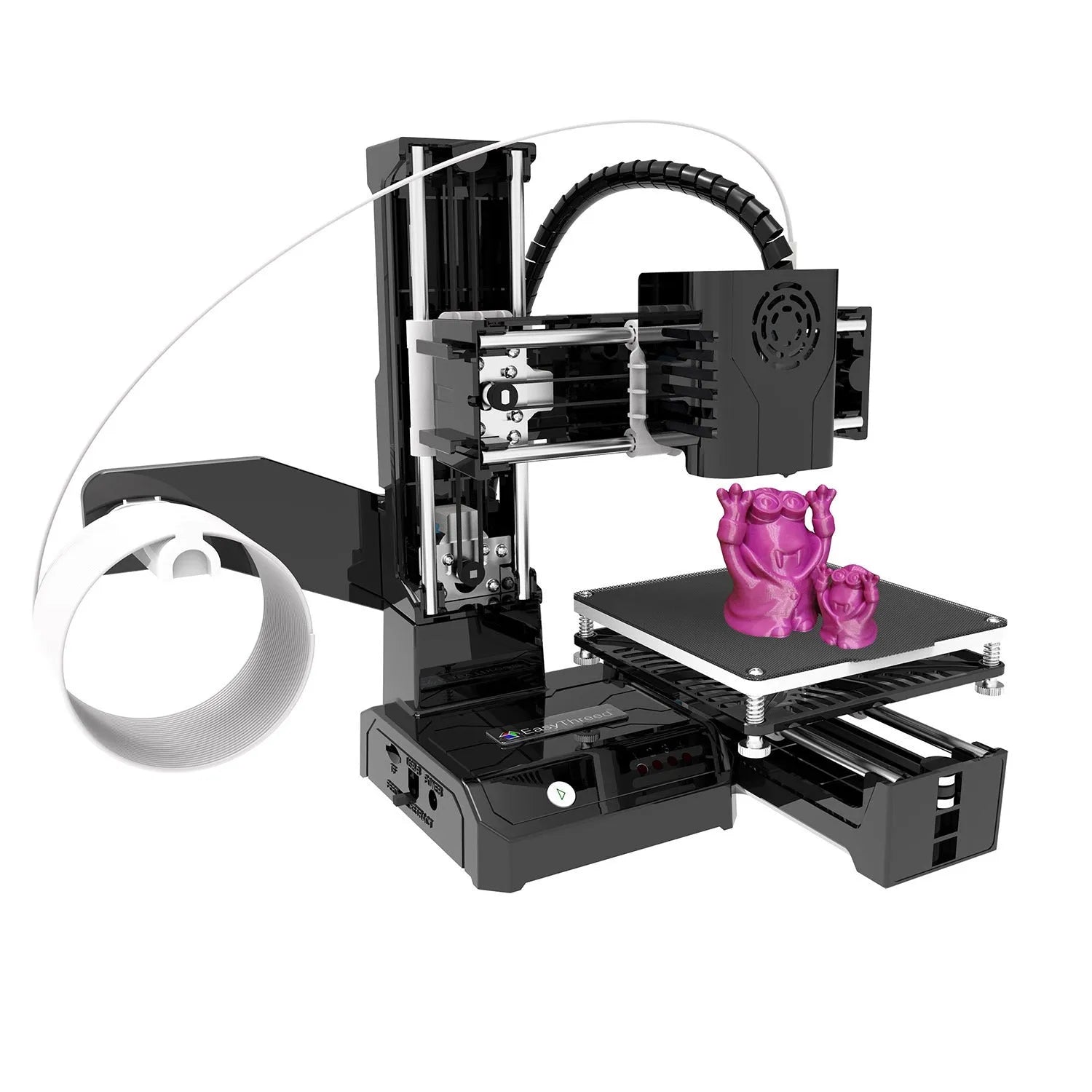 K9 Mini desktop 3D printer on a table next to a small printed PLA model.