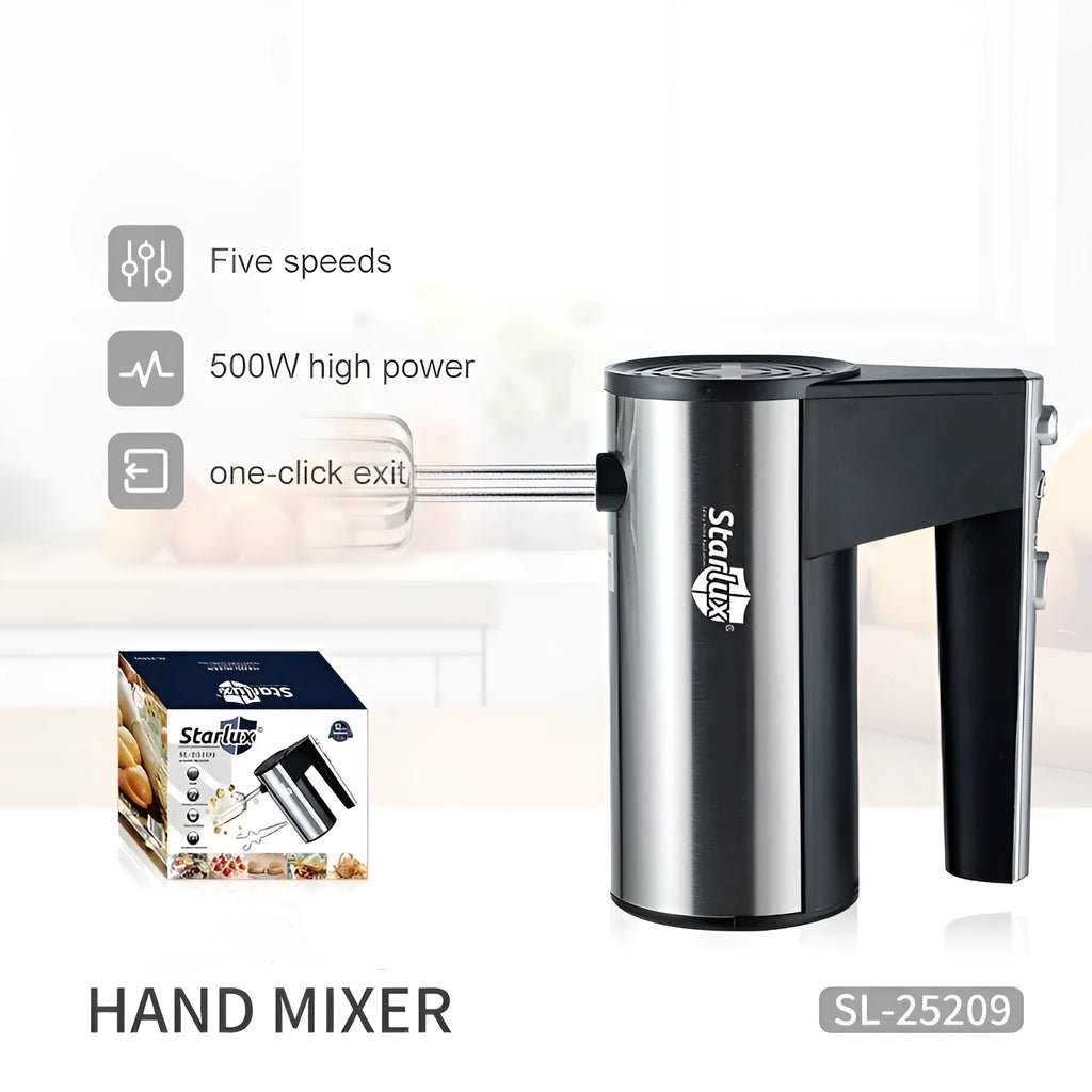 Silver handheld electric whisk or mixer model SL-25209 with five-speed control buttons.