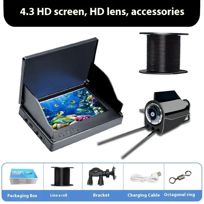 Underwater fish finder camera with 4.3-inch IPS screen, wide-angle lens, and night vision lights on a fishing boat.