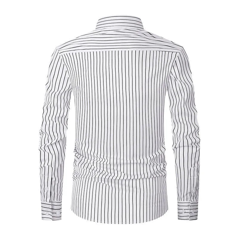 Men's striped business shirt in slim fit cardigan style with long sleeves and ice silk polyester blend fabric