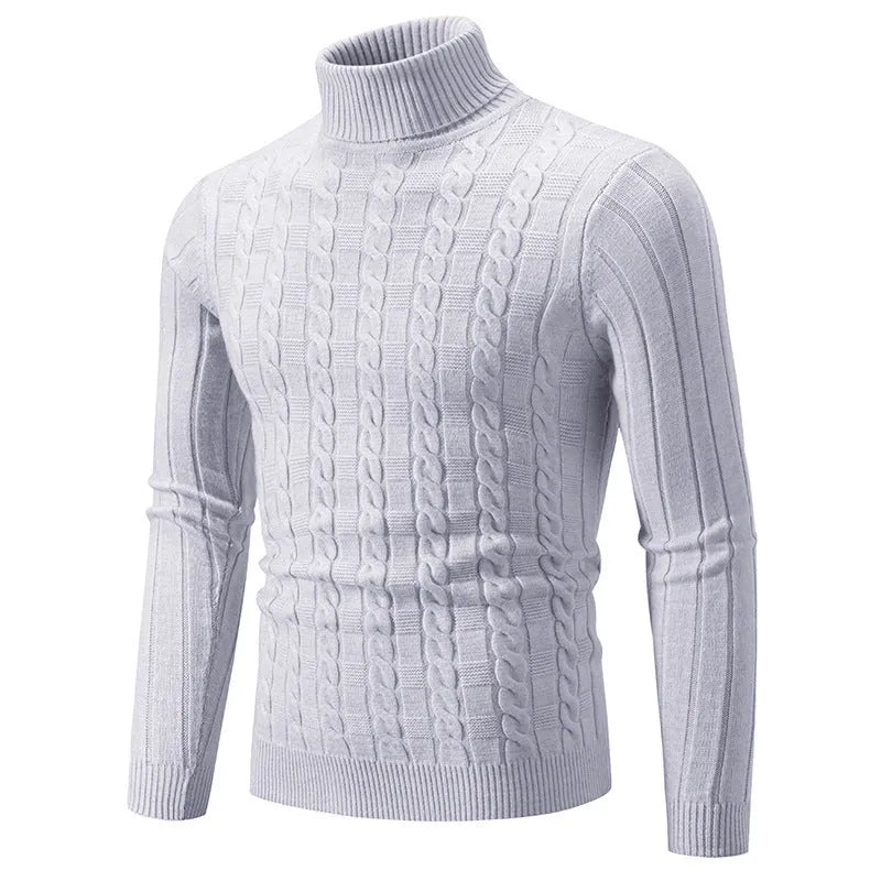 Man wearing a slim fit beige chenille turtleneck sweater for casual wear.