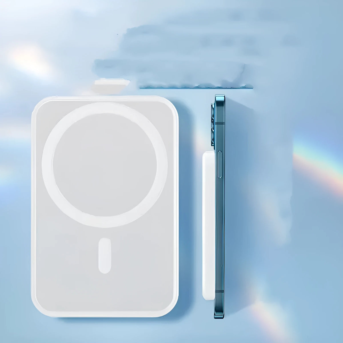 White magnetic wireless charging power bank with 5000mAh capacity measuring 100x65mm