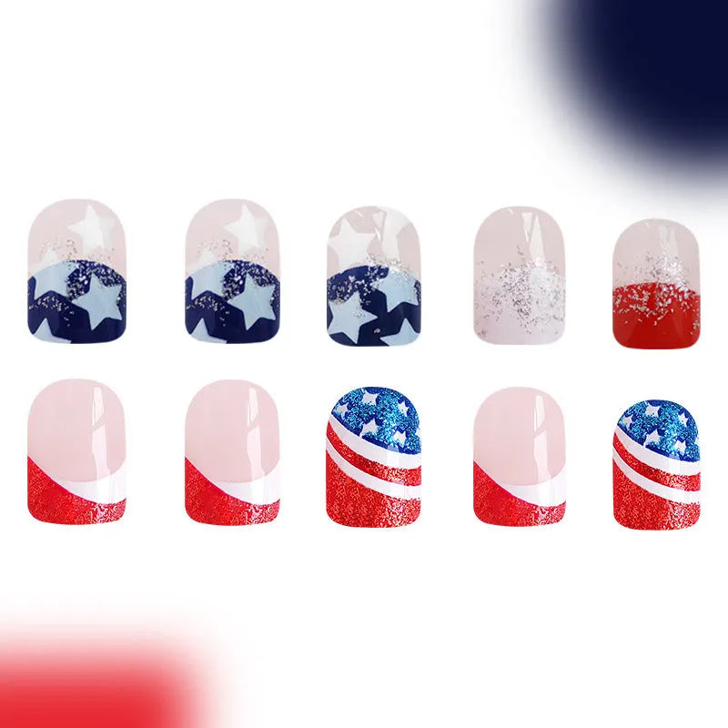 Independence Day combination nail art stickers with American five-pointed star patterns in short European square style