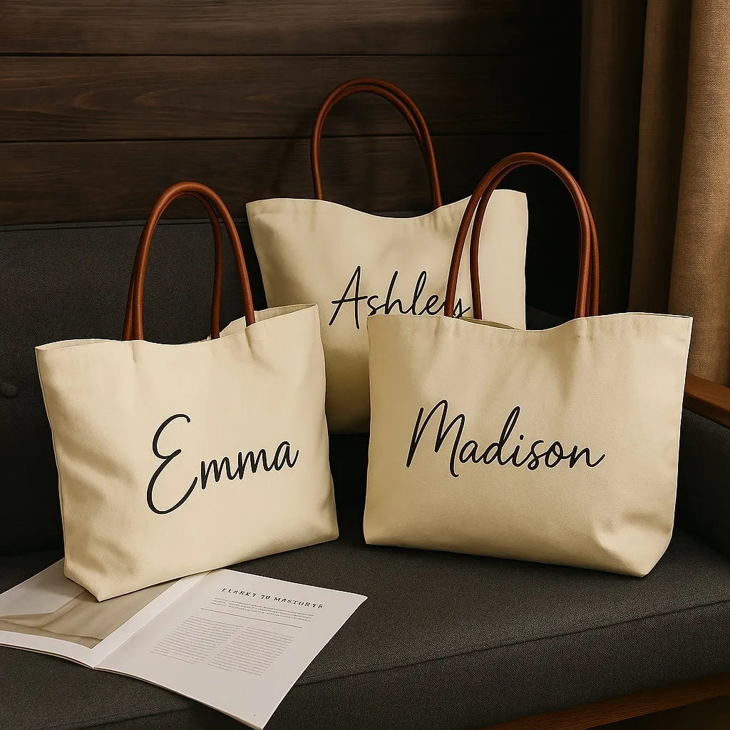 Natural beige white canvas tote bag with woven handles laid flat showing its size.