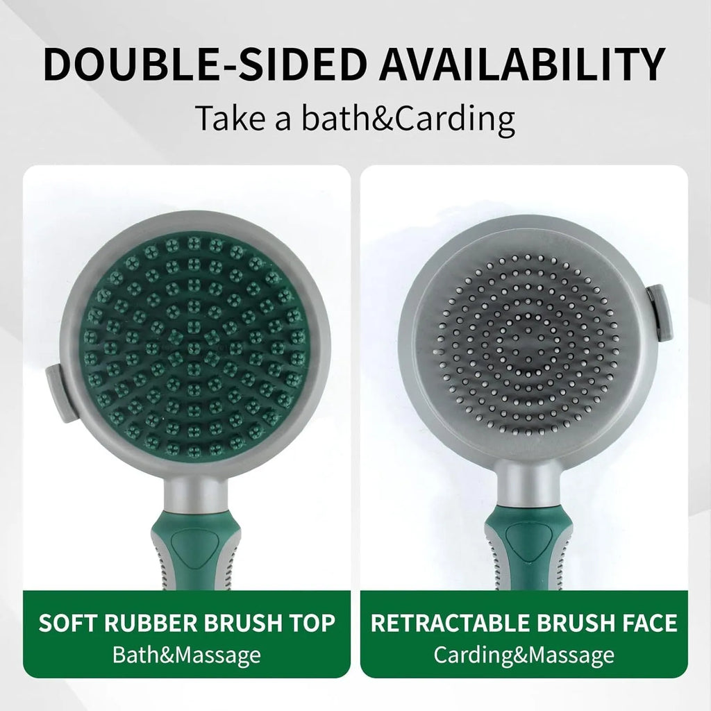 Green and pink dual-sided silicone pet grooming brush with retractable slicker and octopus-toothed massager.