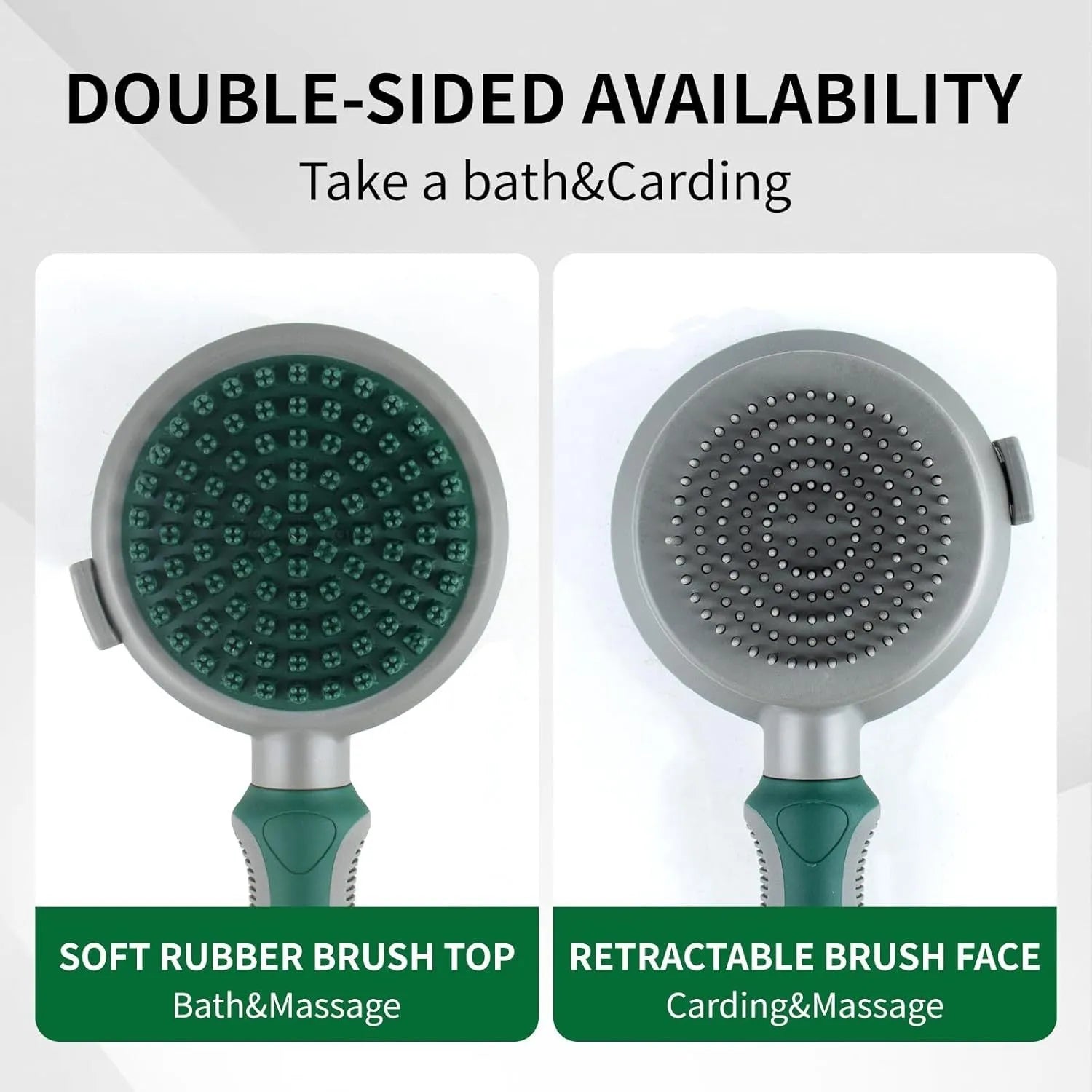 Green and pink dual-sided silicone pet grooming brush with retractable slicker and octopus-toothed massager.