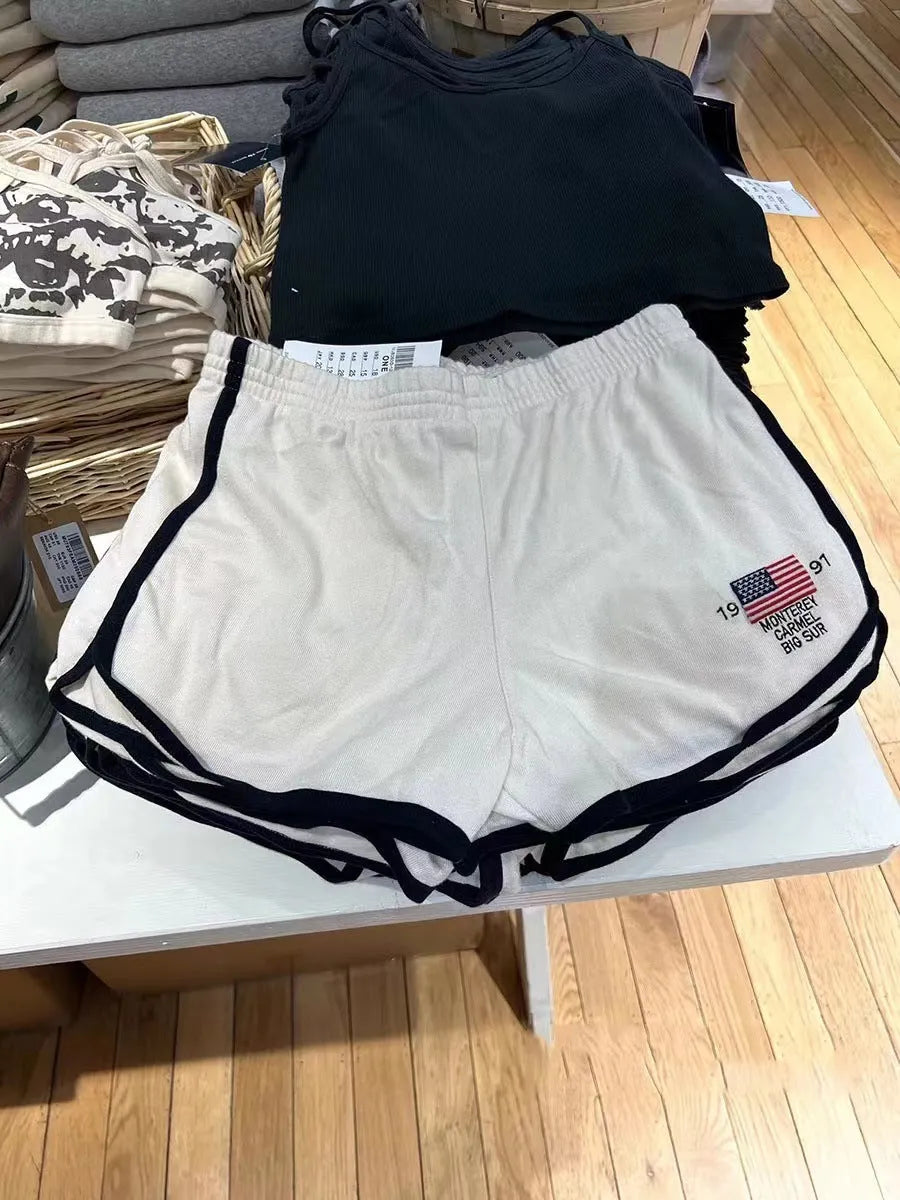 Women's dark blue cotton sports hot pants with white flag embroidery, high-top shorts design