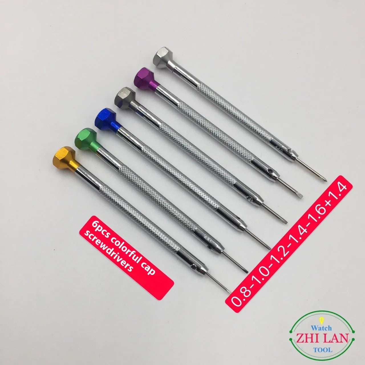 Six colour-coded aluminium screwdrivers for watch repair with copper handles and oxidised cutter heads