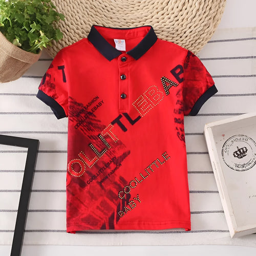 Boys' short sleeve cotton shirt in a solid colour with a lapel collar, shown on a hanger.