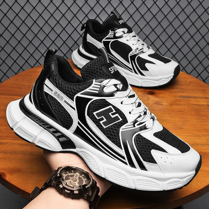 Men's casual running shoes with mesh upper and plastic sole in three colour options