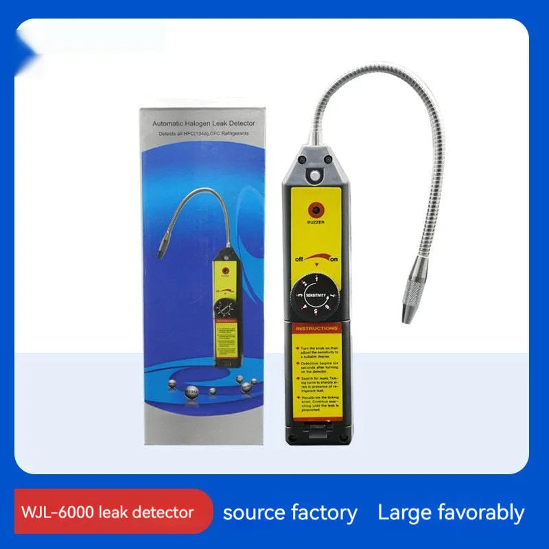 WJL-6000 handheld halogen leak detector with extended 20cm probe for automotive refrigerant system testing.