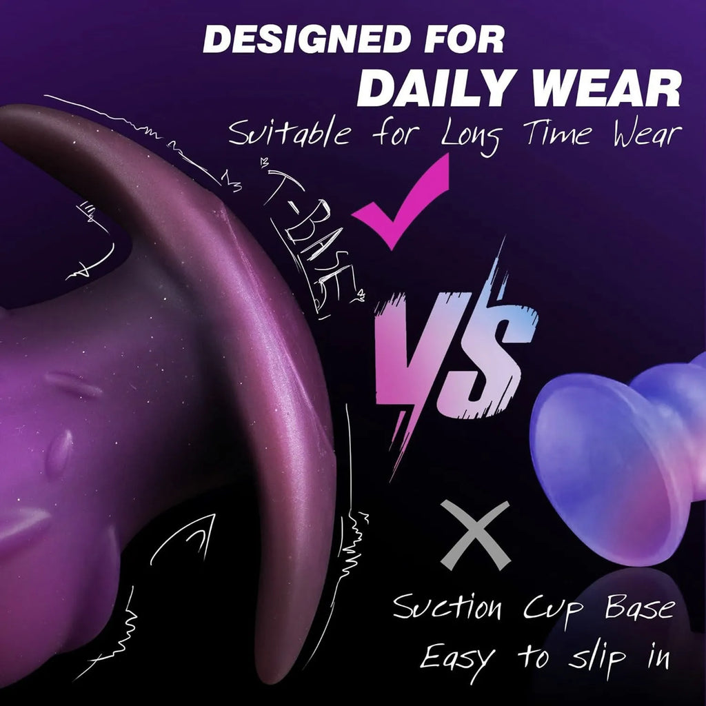 Liquid silicone masturbator in black, gold, or purple, available in S, M, L, and XL sizes.