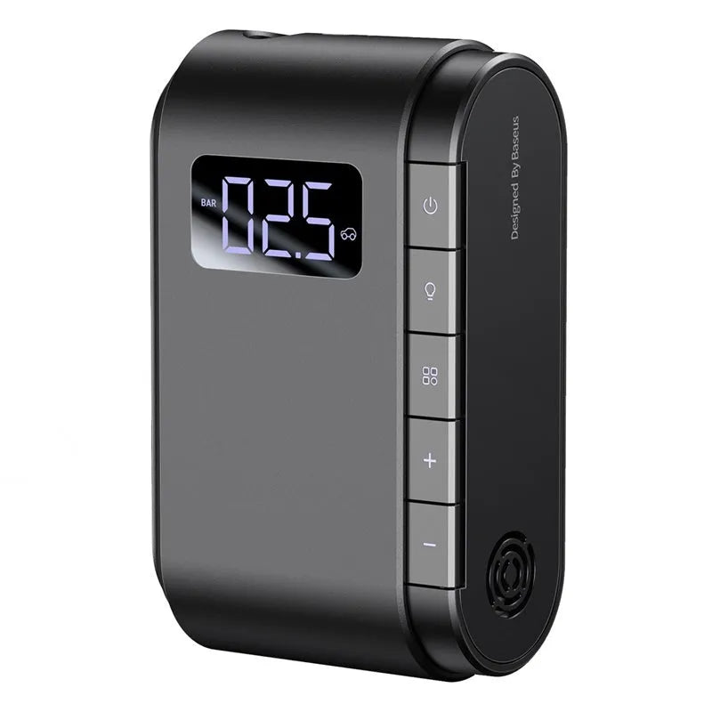 Black cordless car tyre inflator 45W with LED digital display and 5-150PSI pressure gauge, 130x80.21x46mm