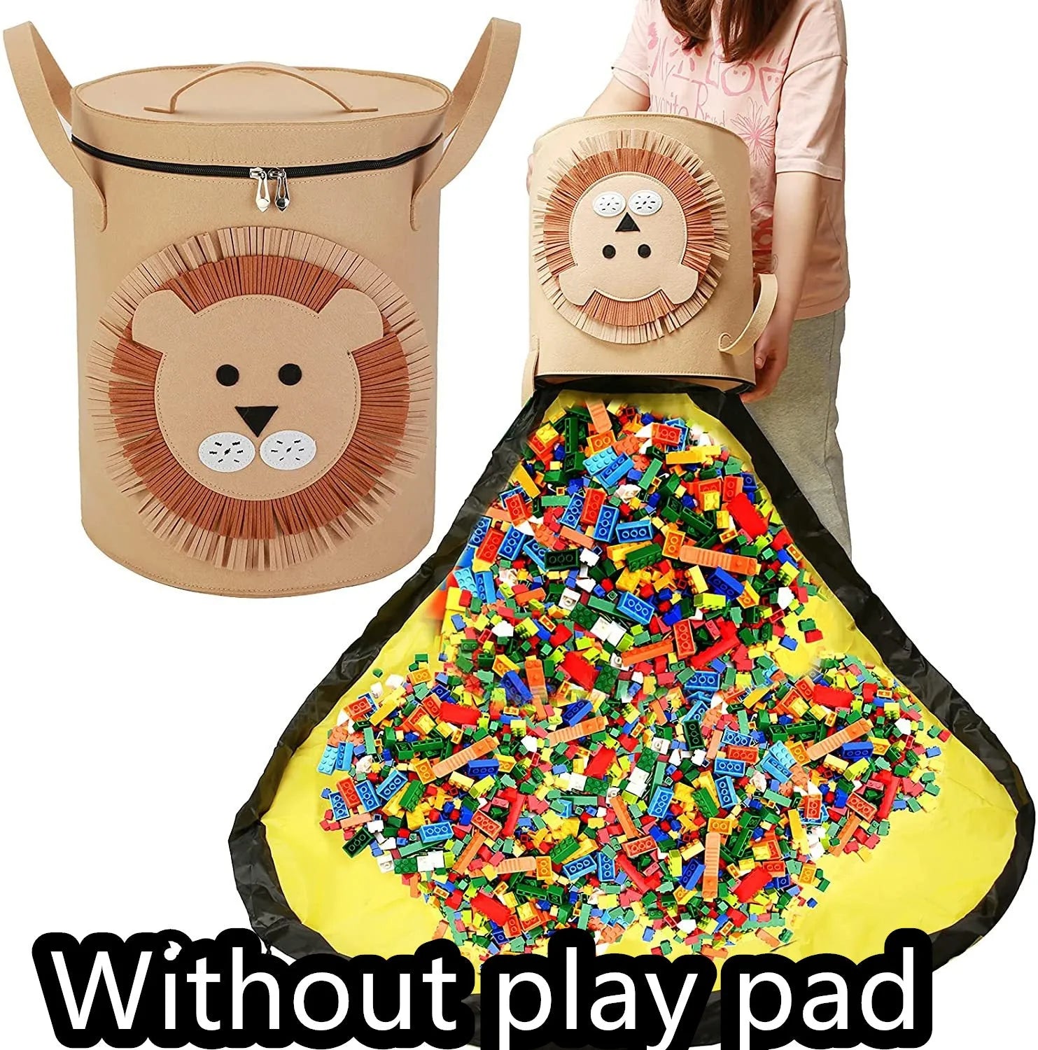 Green felt cube storage bag with pull rope, laid flat as a play mat