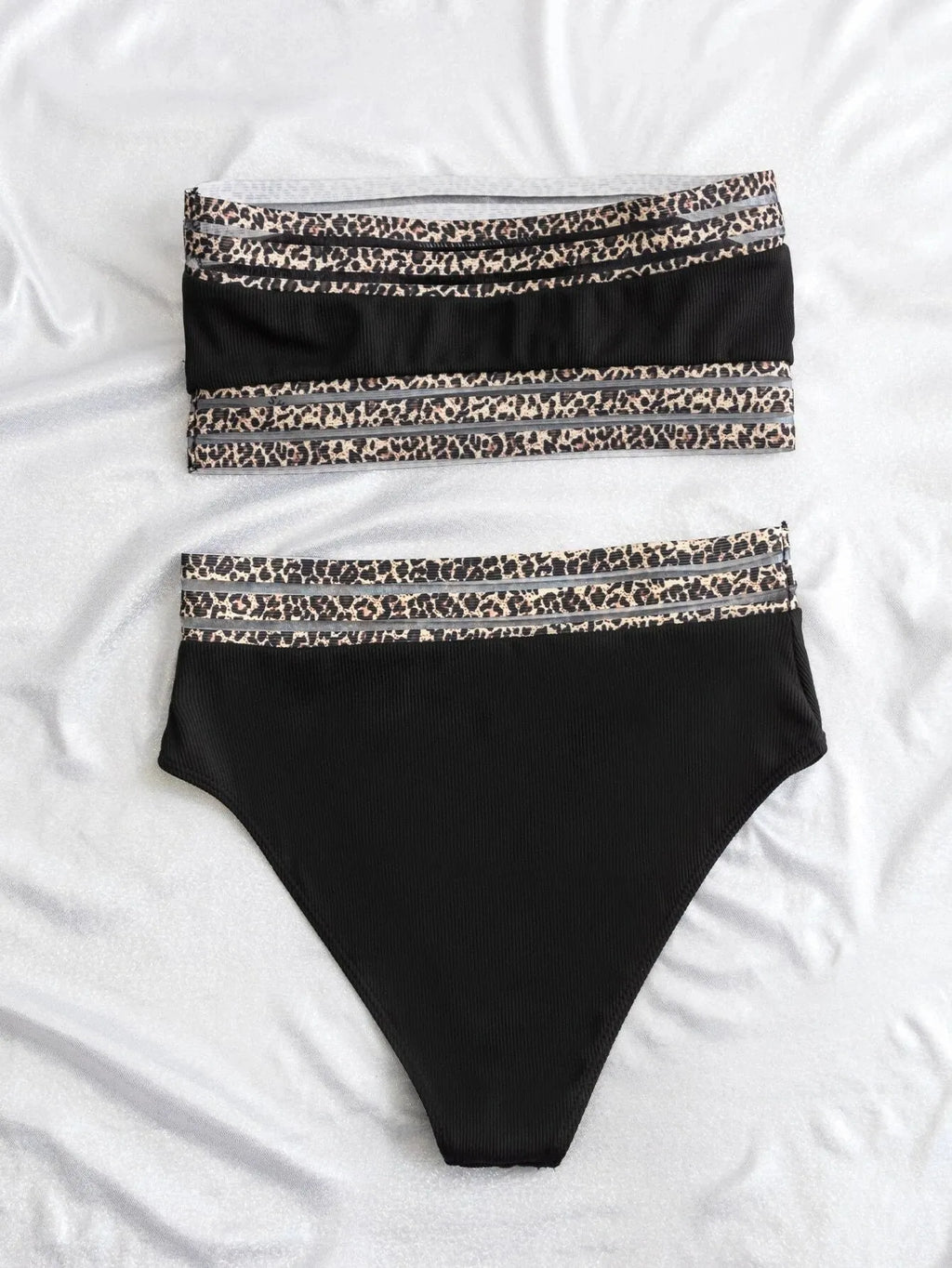 Black strapless bikini set with leopard print splicing on quick-drying nylon fabric.