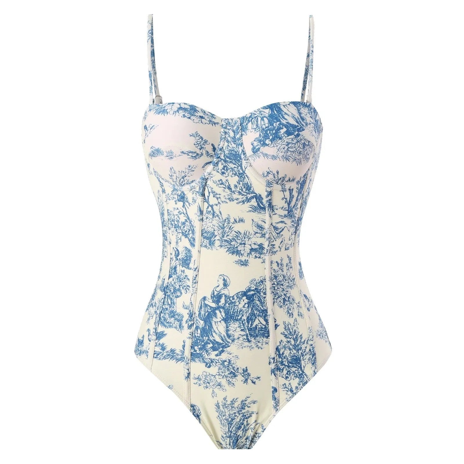 Blue women's one-piece swimsuit with a separate matching gauze skirt laid flat.