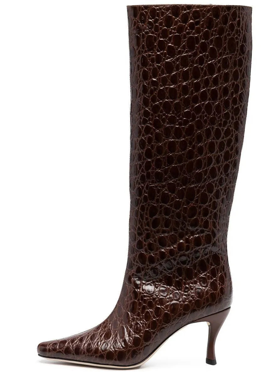 Women's square toe cowboy boot in microfiber, shown in multiple colour options including black, brown stone, and snake pattern.