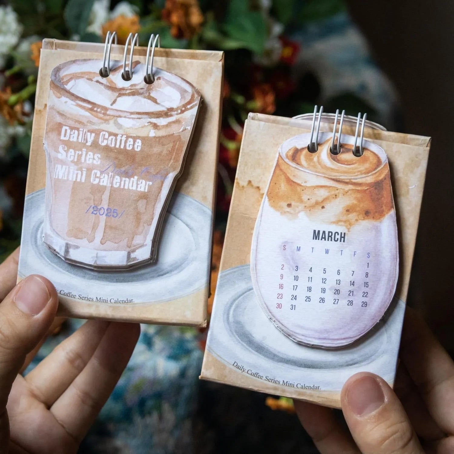 Mini 2025 desk calendar showing multiple design options including Coffee Time and Life Is Not Easy themes