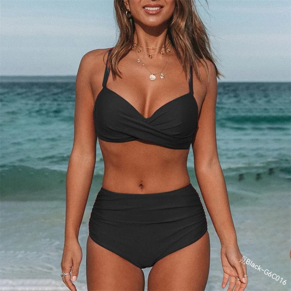 Women's solid colour bikini with cross-back straps in Army Green.