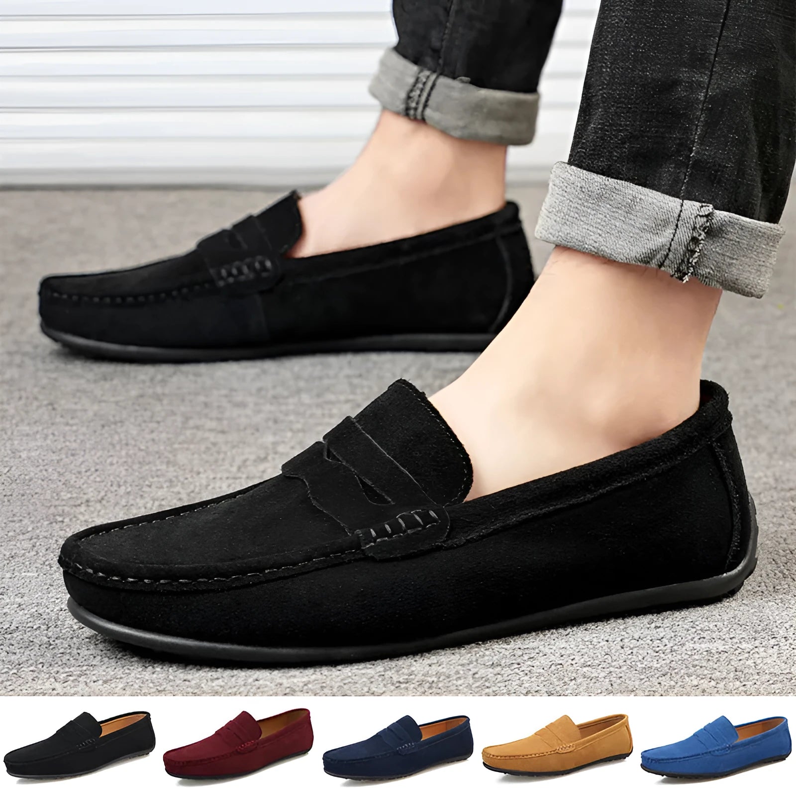Men's solid colour suede leather slip-on loafers with round toe and flat rubber sole.