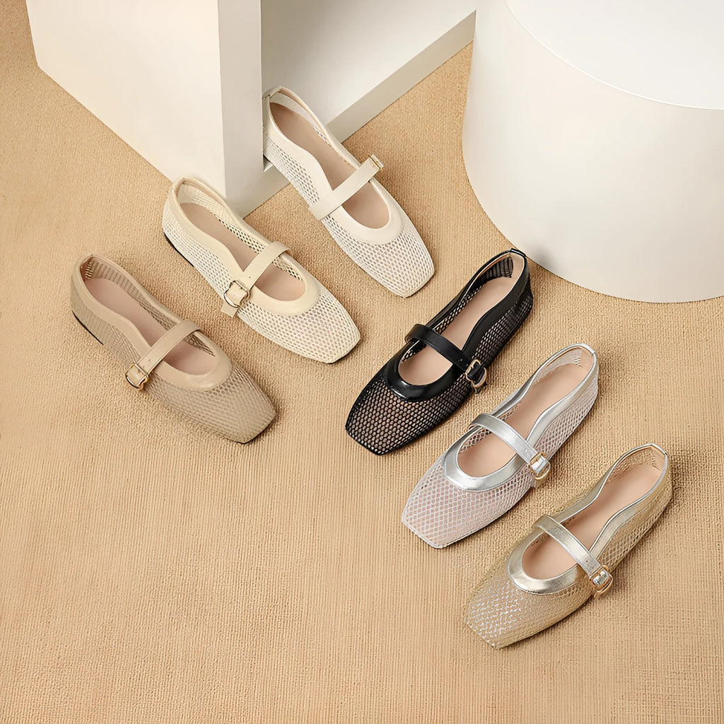 Women's low heel mesh pump in beige with a buckle strap and square toe.