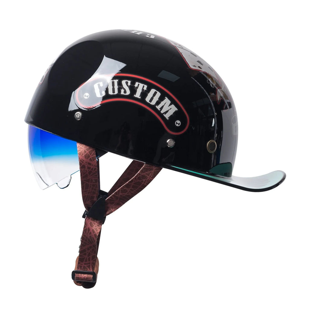 Men's retro half helmet for electric bicycles in bright black with gradient blue lens