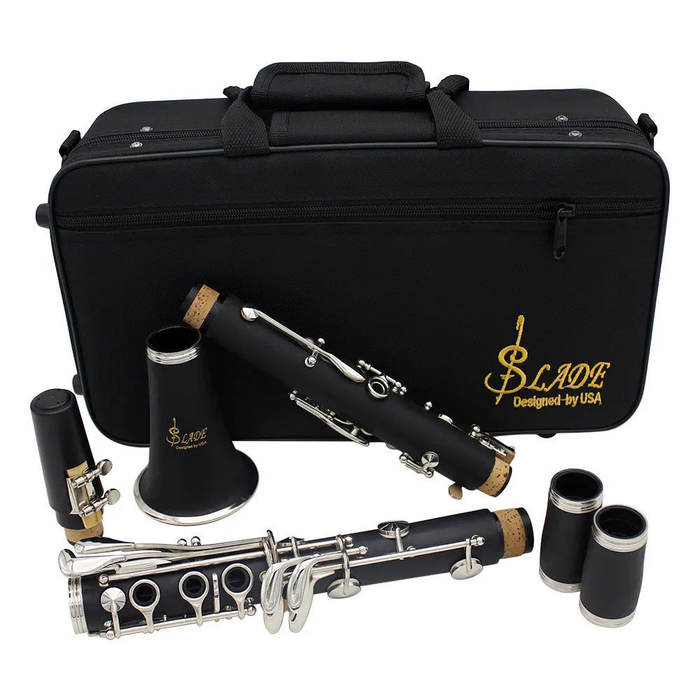 Black Bakelite beginner clarinet with nickel-plated keys beside its included carry bag