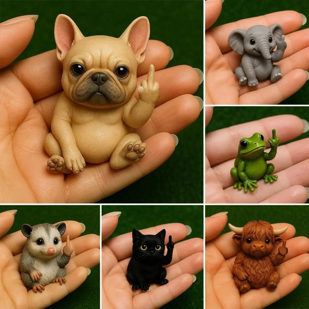 Resin animal middle finger ornament doll in choice of dog, cat, elephant, frog, Highland cattle, mouse, or turtle design.