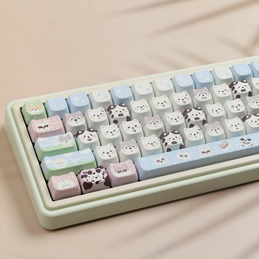 Full set of colourful PBT key caps for mechanical keyboards featuring cute puppy designs.