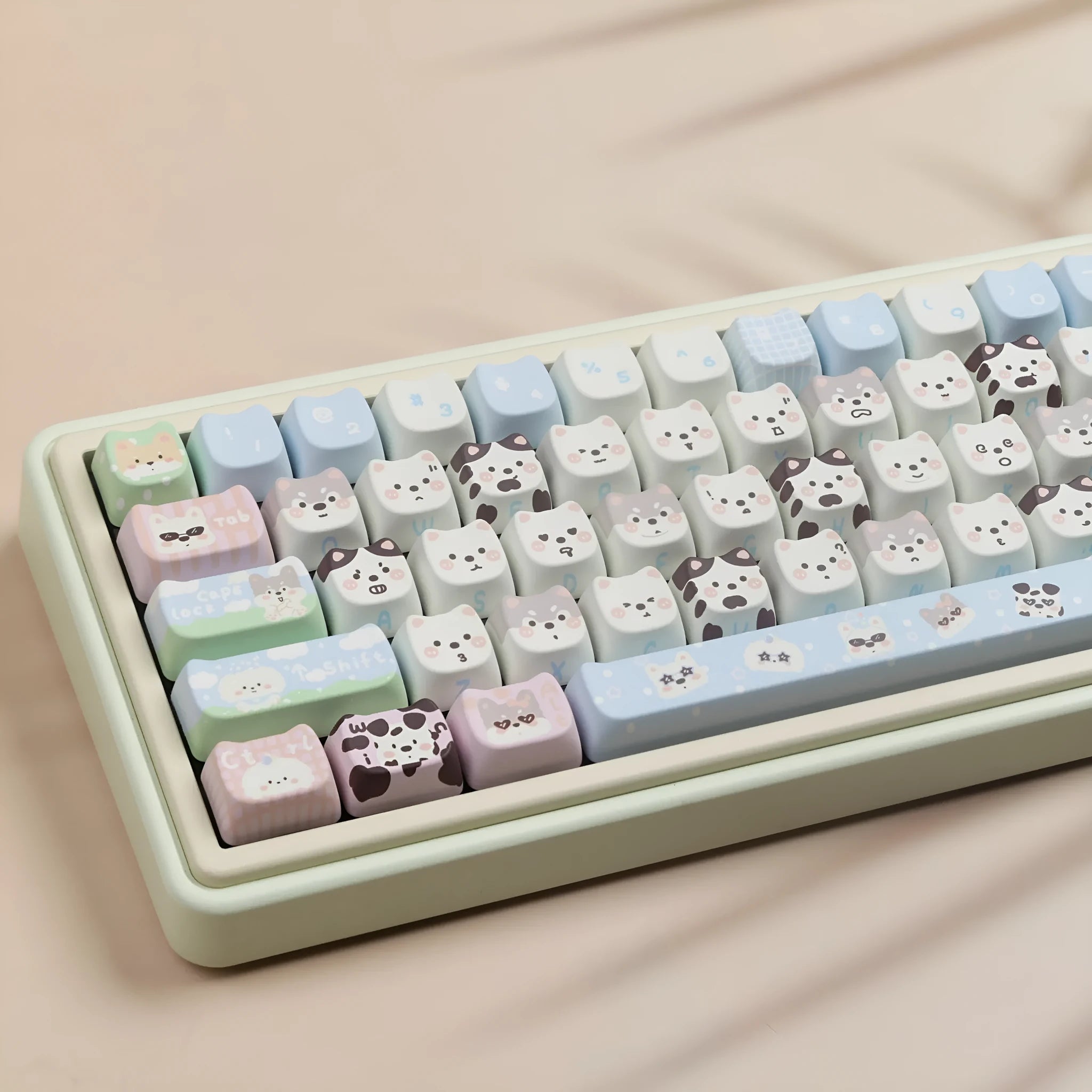 Full set of colourful PBT key caps for mechanical keyboards featuring cute puppy designs.