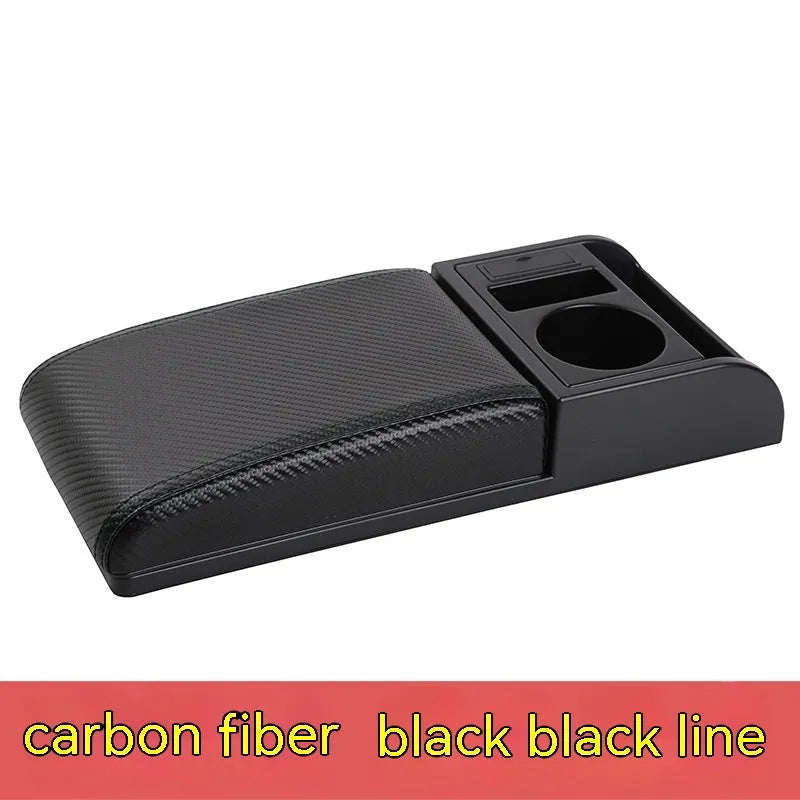 Universal plastic car armrest cover in black with red cord stitching on a centre console