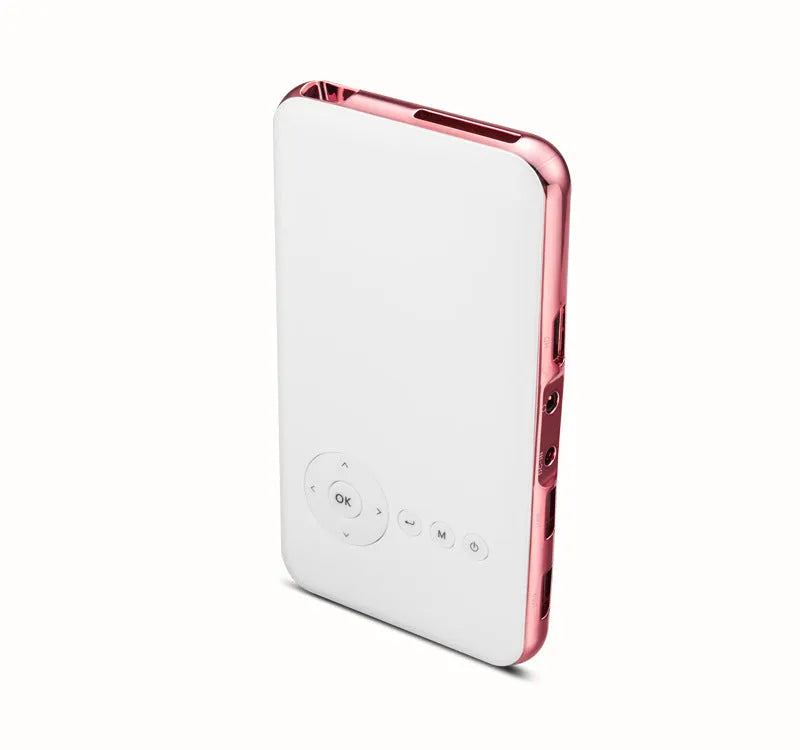 White rose gold miniature DLP projector measuring 145mm with Android connectivity and 32GB memory