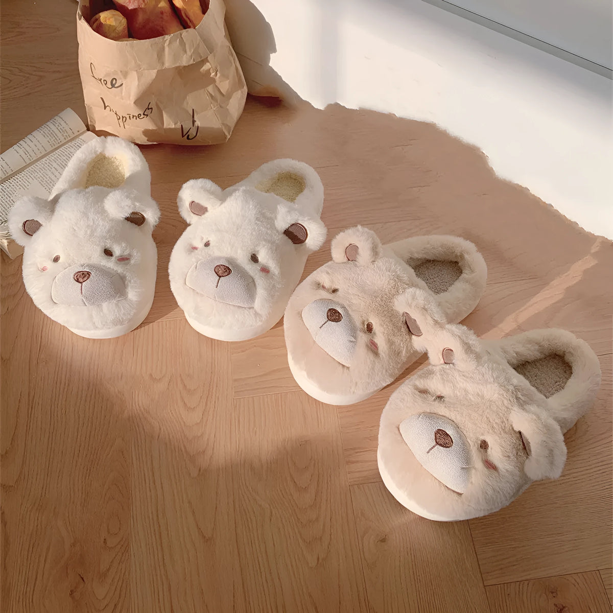 Women's plush baotou slippers in suede with round toe, shown in milky white colour.