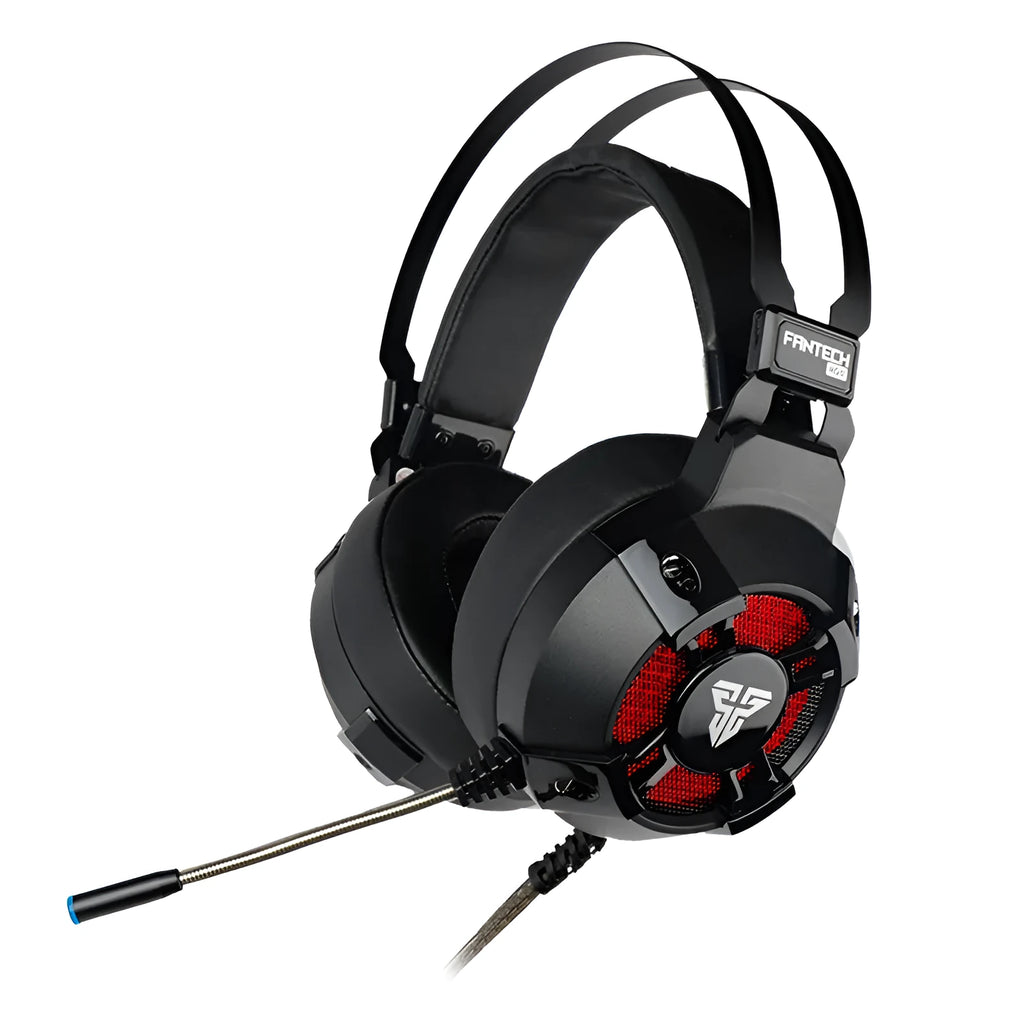 Black FANTECH HG11 USB gaming headset with large ear cups, RGB lighting, and a 2.1m cable with inline remote control.