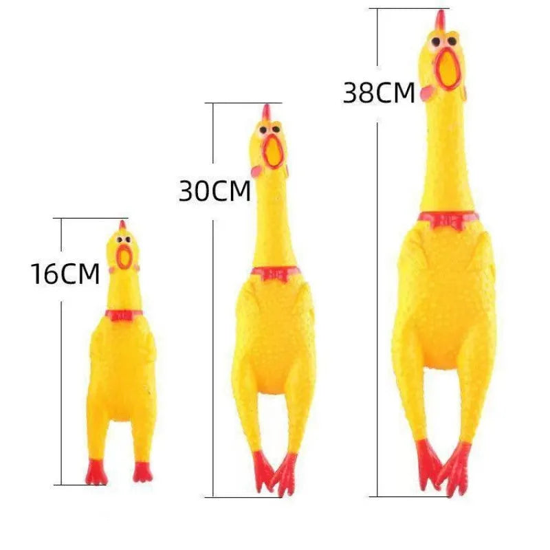Yellow rubber screaming chicken dog squeak toy shown in three different sizes: small, medium, and large.