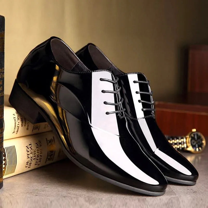 Men's black and brown formal business shoes with pointed toe design and artificial PU uppers