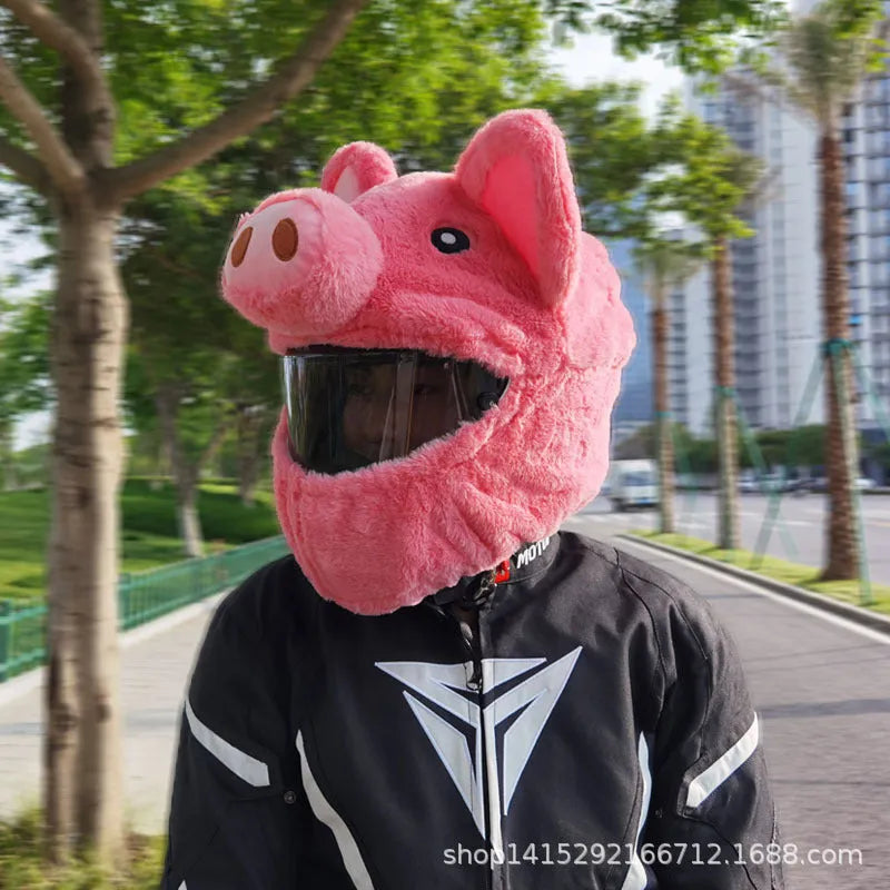 Pink pig cartoon plush helmet protective hood made from PV velvet cloth fabric with protective sleeve